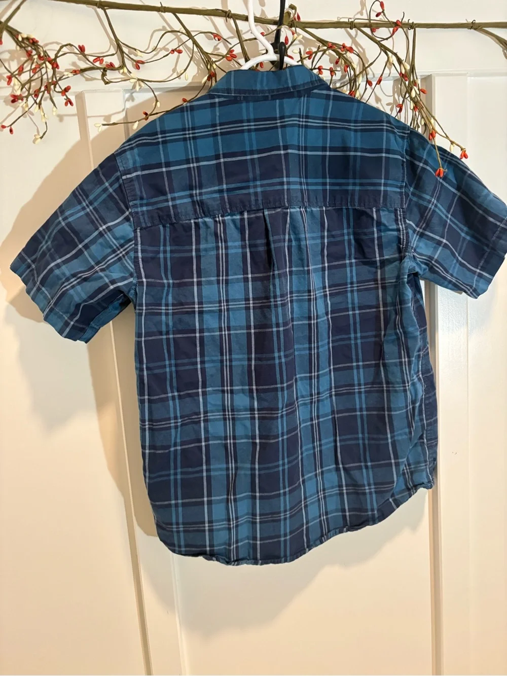 Old Navy Navy and Light Blue Plaid Short Sleeve Button-Down Shirt